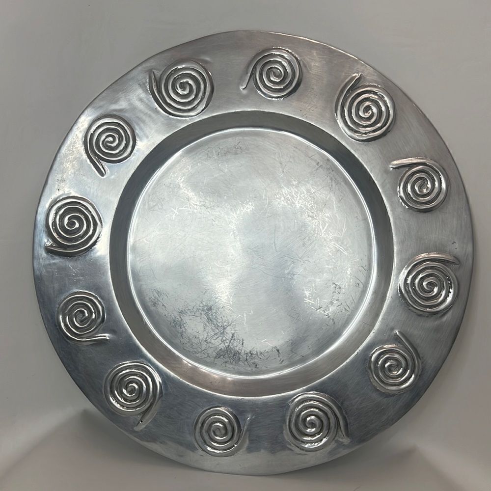 Helix Silver Aluminum Aztec Serving Platter 16 Inches Round Scroll Heavy Durable